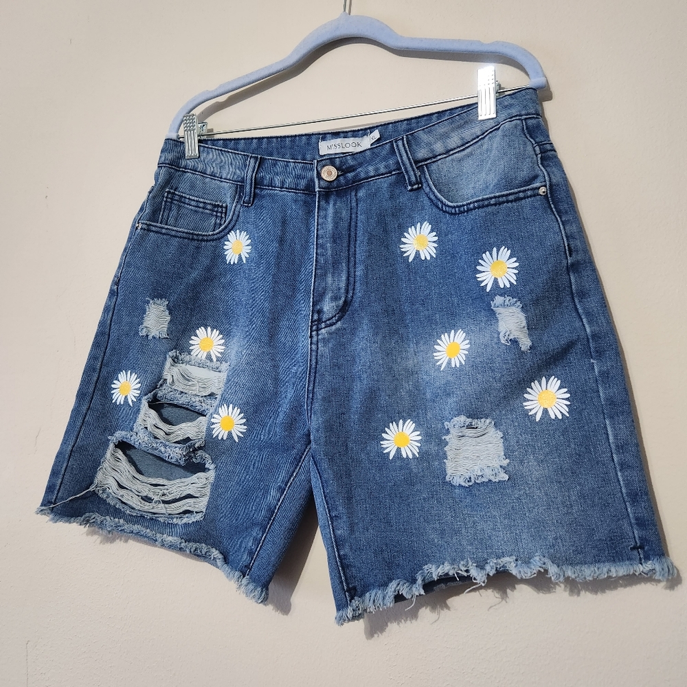 Misslook XL daisy bf denim shorts distressed floral medium wash jean short - Picture 2 of 4